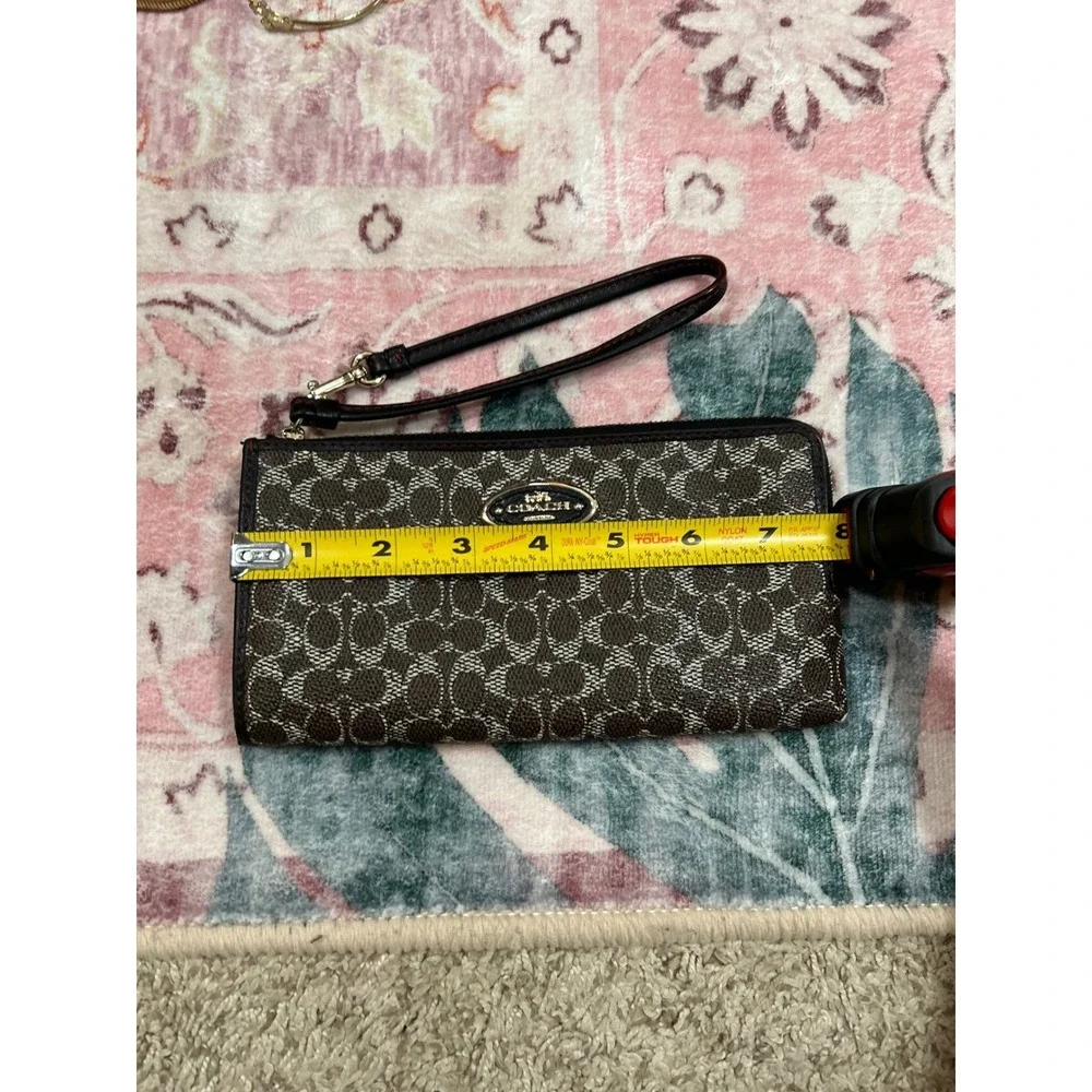 Coach Signature C Monogram Wristlet Pouch Wallet Brown Black Leather Trim Classy